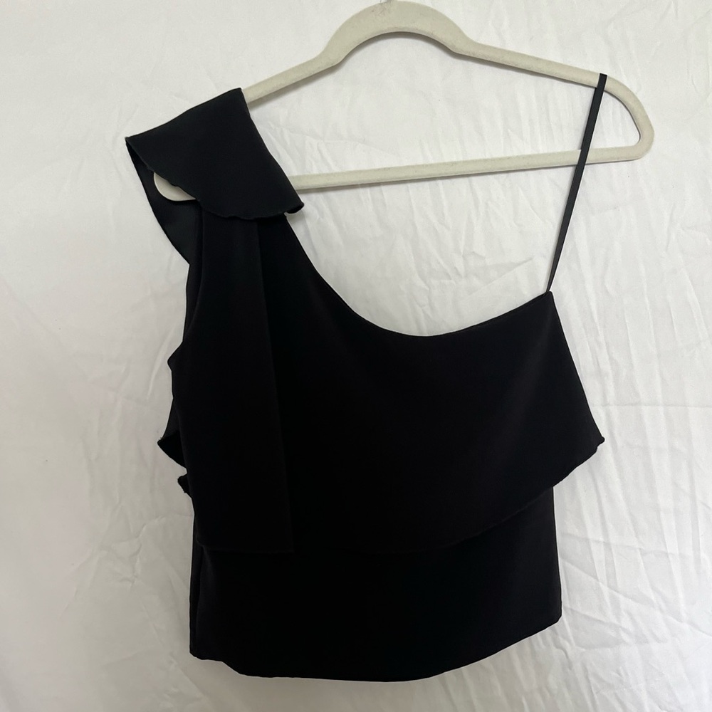 Rinascmiento black one shoulder silk top. Double lined. Made in Italy.